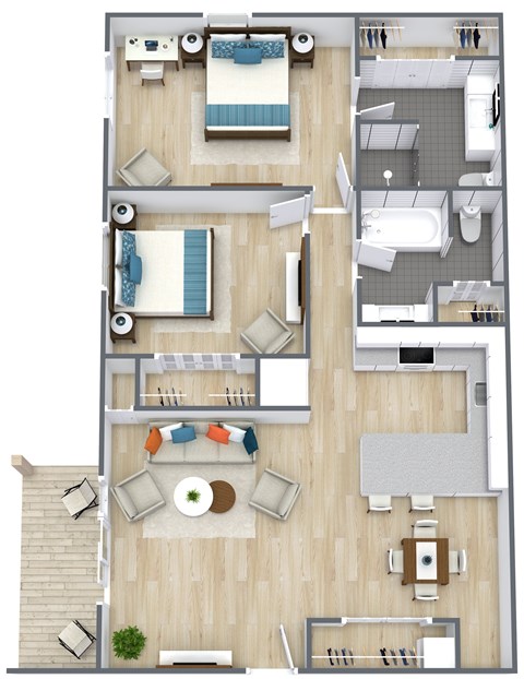 Floor plan for 2 beds, 2 baths, 950 sqft